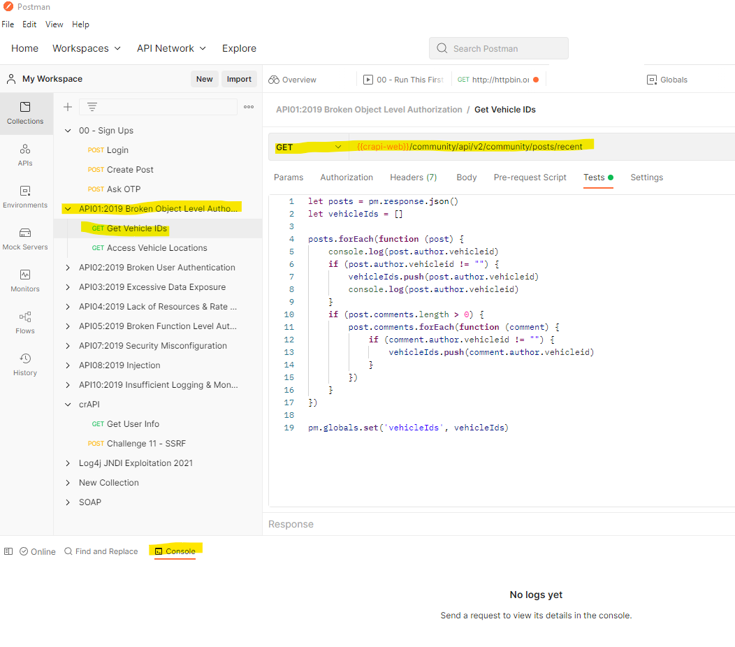 Screenshot of postman showing bola automation code
